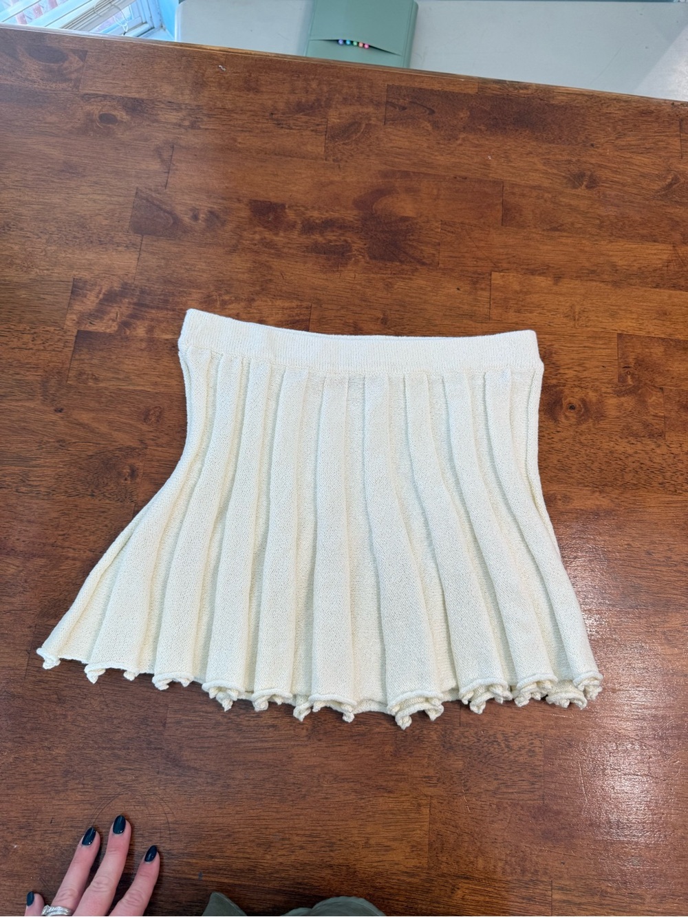 Free People FP Beach Knit Pleated Mini Skirt Cream Ivory Lettuce Hem Women's L